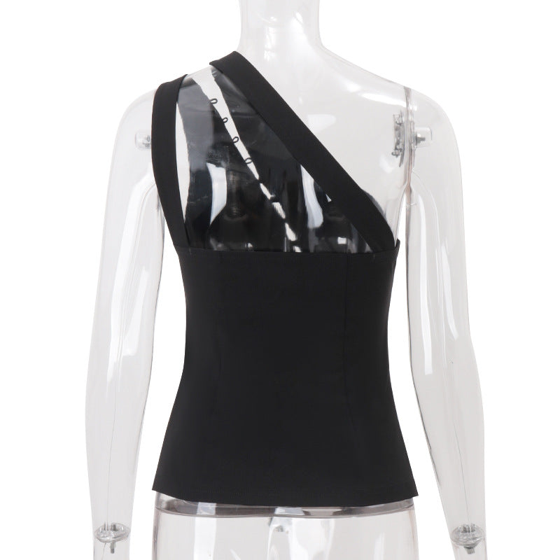Women Clothing Summer Diagonal Collar Hooks Sexy Sleeveless Vest