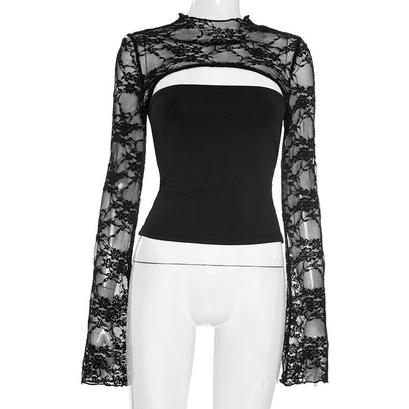 Women Clothing Summer Sexy Long Sleeve Lace Stitching Hollow Out Cutout Top