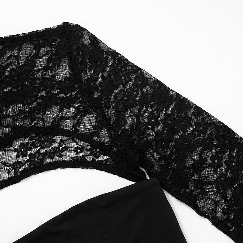 Women Clothing Summer Sexy Long Sleeve Lace Stitching Hollow Out Cutout Top