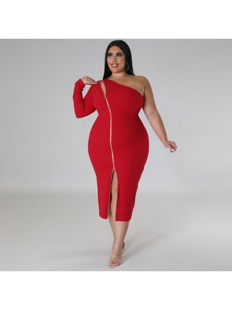 Curve Icon One-Shoulder Zip Bodycon Midi Dress