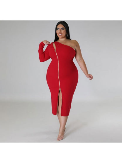 Curve Icon One-Shoulder Zip Bodycon Midi Dress