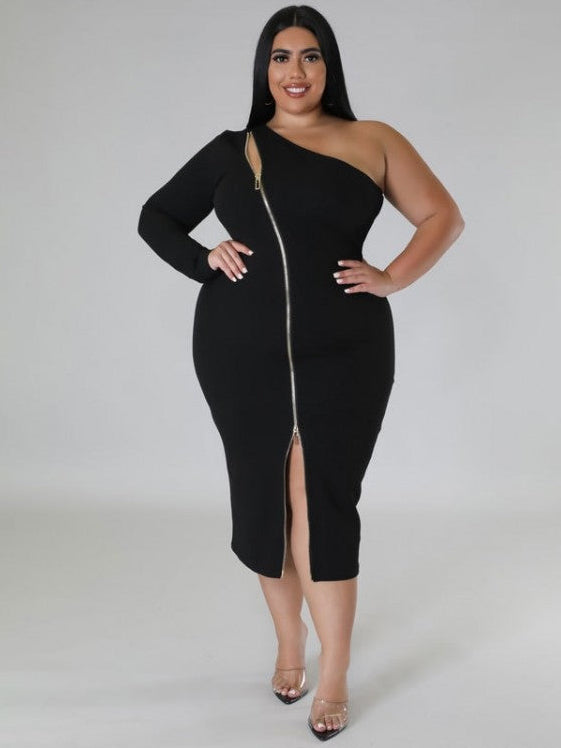 Curve Icon One-Shoulder Zip Bodycon Midi Dress