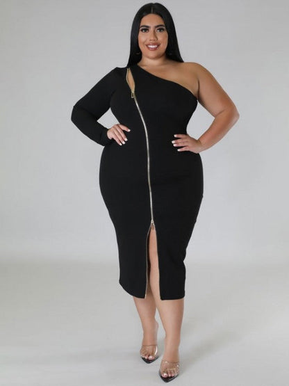 Curve Icon One-Shoulder Zip Bodycon Midi Dress