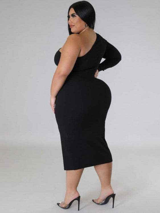 Curve Icon One-Shoulder Zip Bodycon Midi Dress