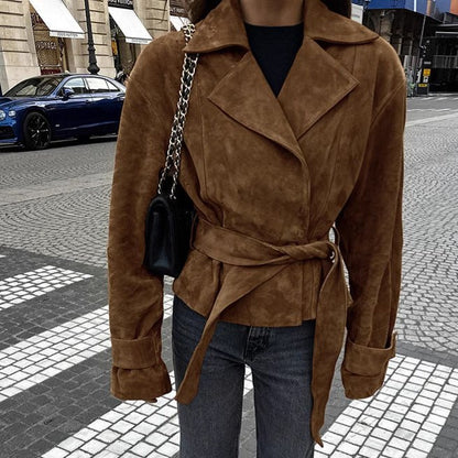 A Casual Double - Breasted Suede Jacket - TayDiane