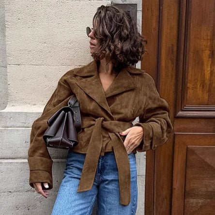 A Casual Double - Breasted Suede Jacket - TayDiane