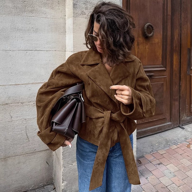 A Casual Double - Breasted Suede Jacket - TayDiane