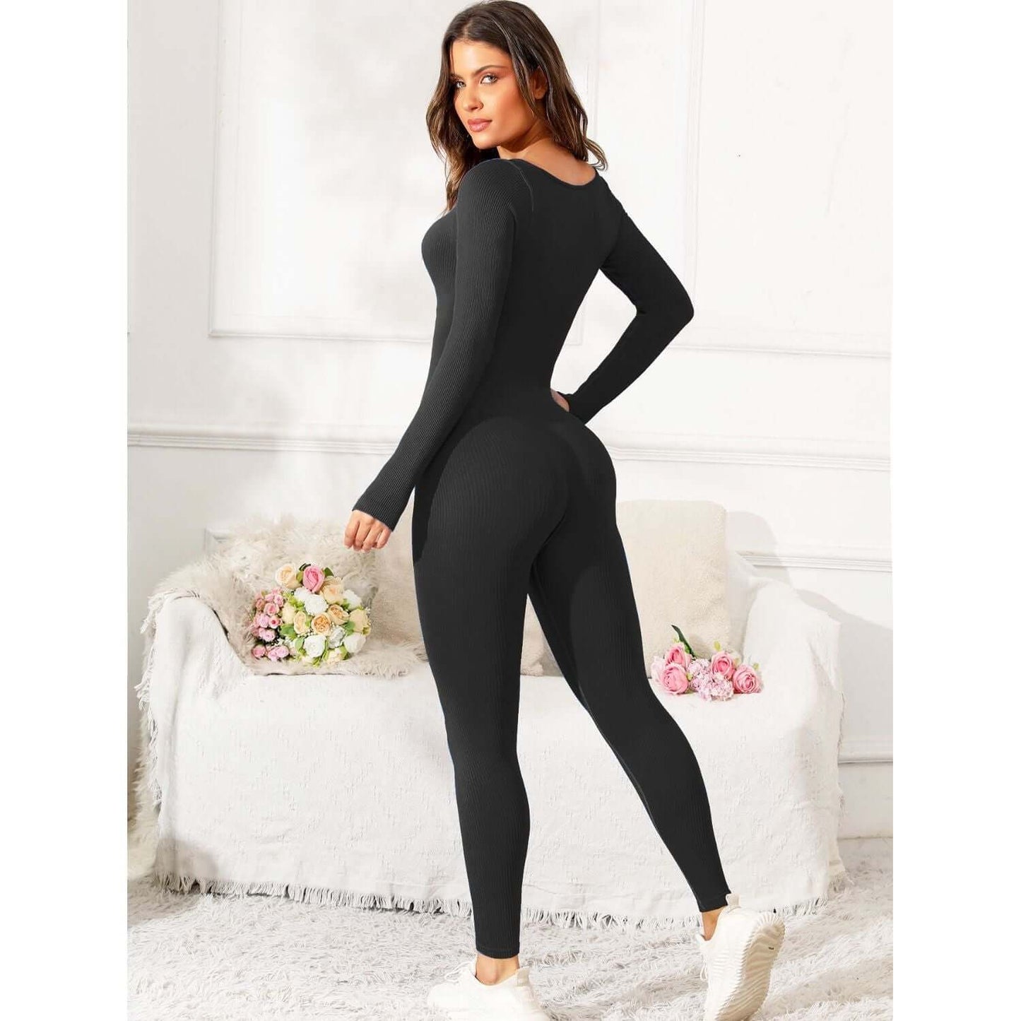 Scoop Neck Long Sleeve Active Jumpsuit