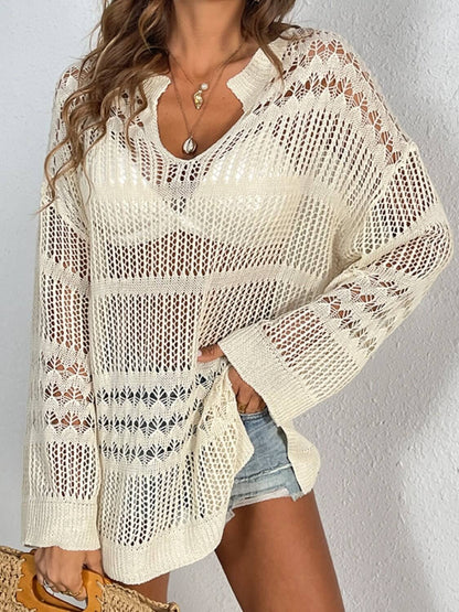 Notched Long Sleeve Cover-Up