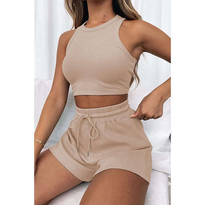 Round Neck Drawstring Shorts Set