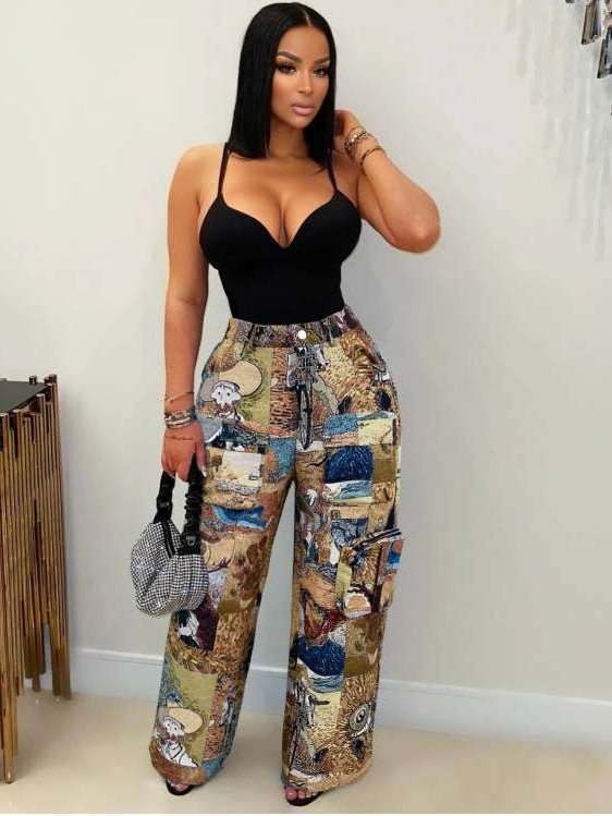 Abstract Cargo Multi - Pocket Straight Pants - TayDiane