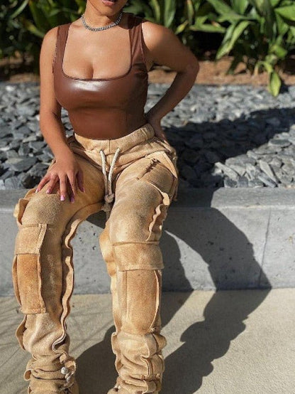 Abstract Drawstring Cargo Stack Pants - Juniors - TayDiane