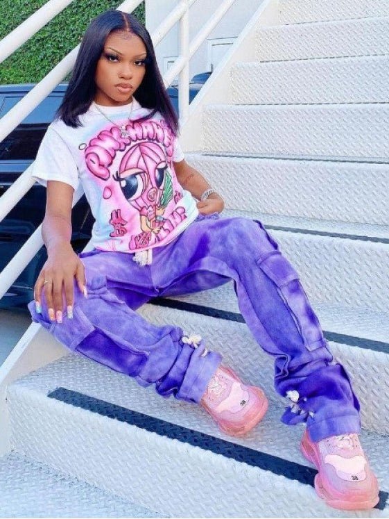 Abstract Drawstring Cargo Stack Pants - Juniors - TayDiane