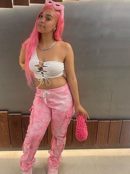 Abstract Drawstring Cargo Stack Pants - Juniors - TayDiane