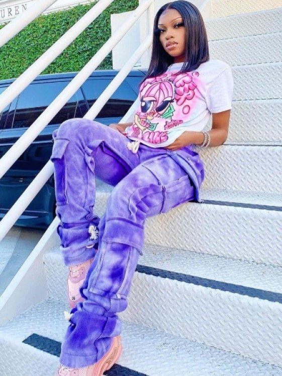 Abstract Drawstring Cargo Stack Pants - Juniors - TayDiane