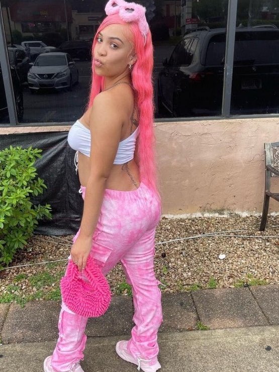 Abstract Drawstring Cargo Stack Pants - Juniors - TayDiane