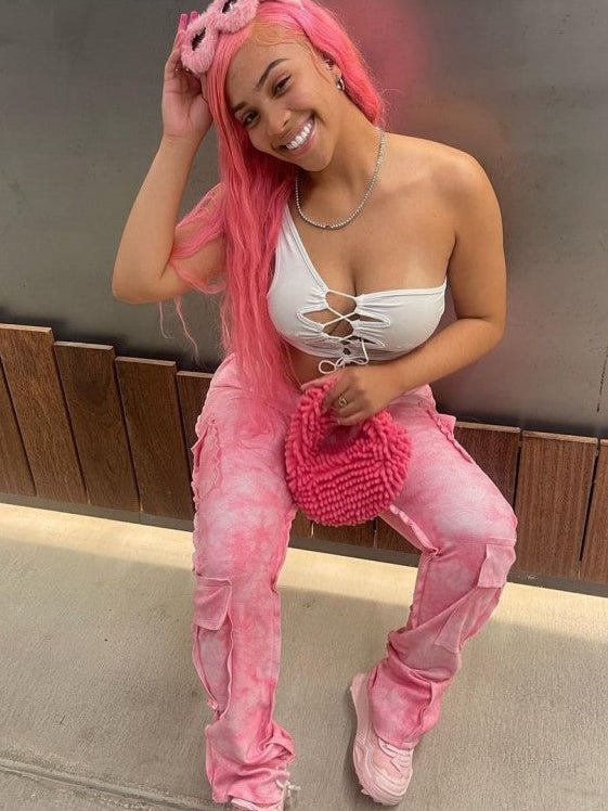 Abstract Drawstring Cargo Stack Pants - Juniors - TayDiane