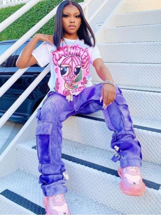 Abstract Drawstring Cargo Stack Pants - Juniors - TayDiane