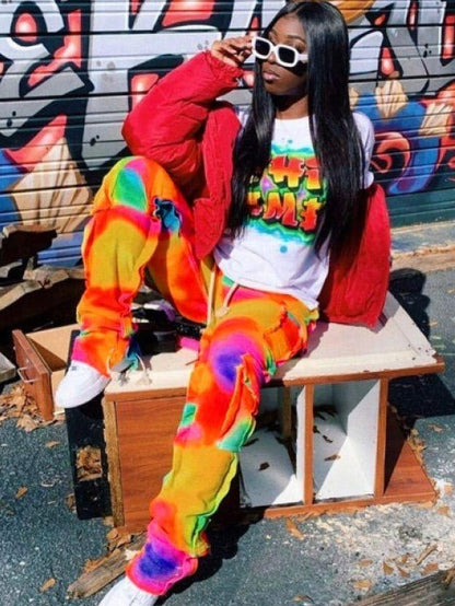 Abstract Drawstring Cargo Stack Pants - Juniors - TayDiane