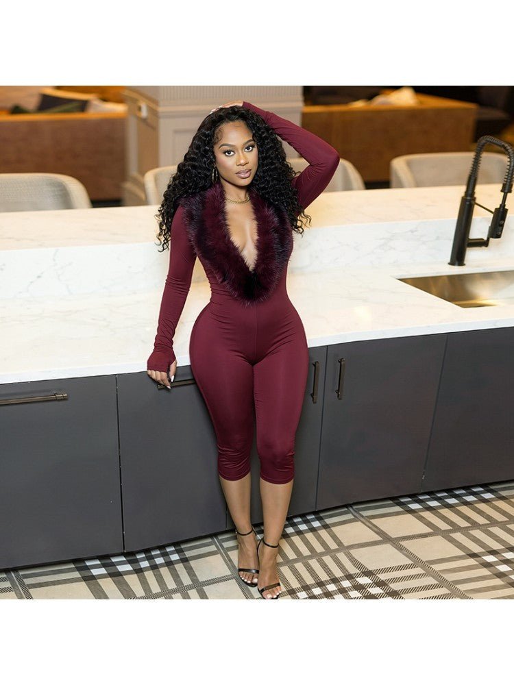 After Hours Fur Trim Capri Jumpsuit - Taydiane