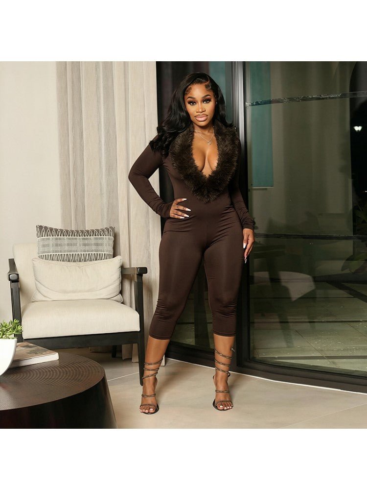 After Hours Fur Trim Capri Jumpsuit - Taydiane