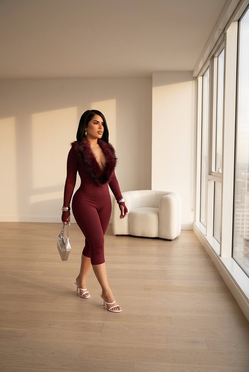 After Hours Fur Trim Capri Jumpsuit - Taydiane