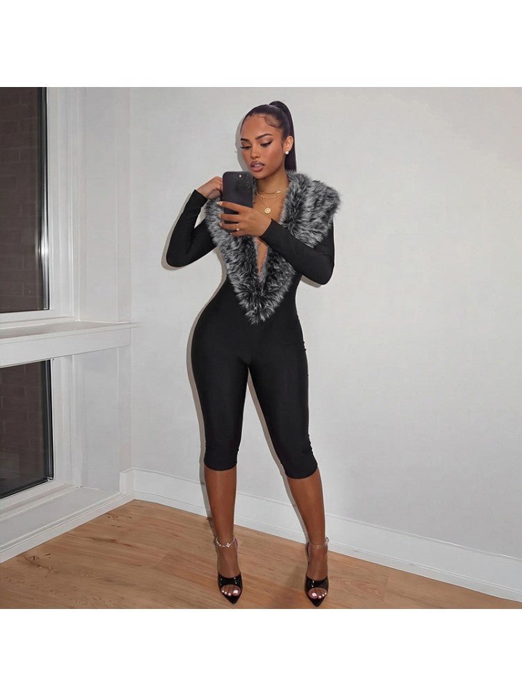After Hours Fur Trim Capri Jumpsuit - Taydiane