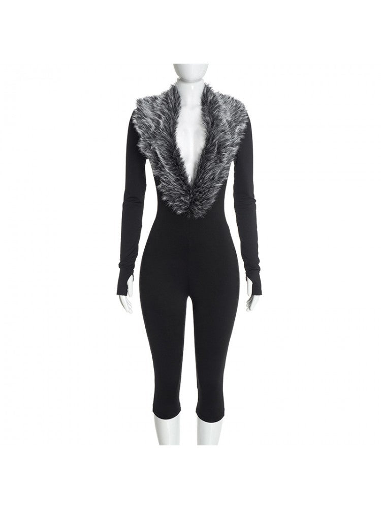 After Hours Fur Trim Capri Jumpsuit - Taydiane