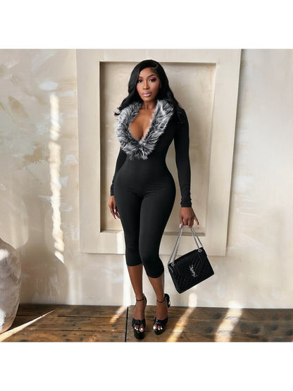 After Hours Fur Trim Capri Jumpsuit - Taydiane