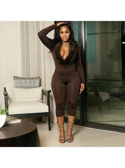 After Hours Fur Trim Capri Jumpsuit - Taydiane