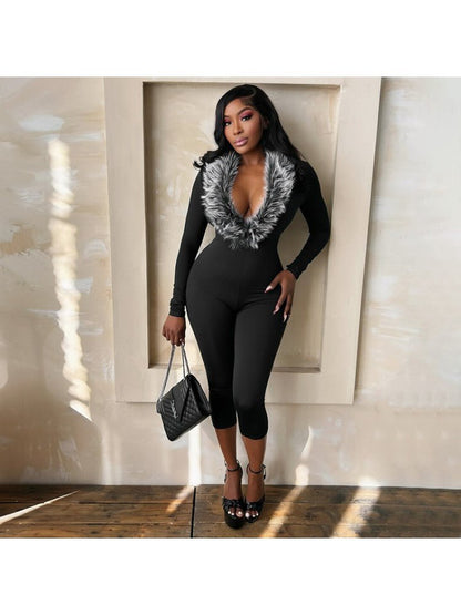 After Hours Fur Trim Capri Jumpsuit - Taydiane