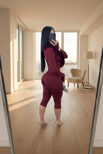 After Hours Fur Trim Capri Jumpsuit - Taydiane