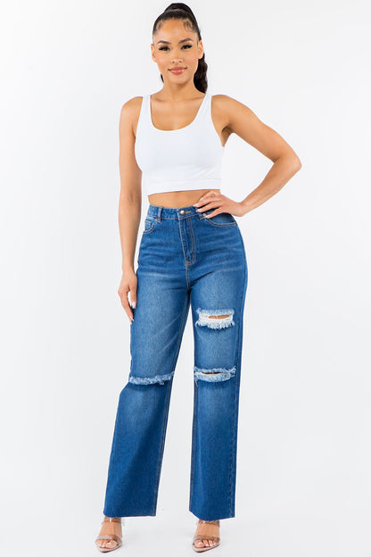 American Bazi High Waist Distressed Wide Leg Jeans - TayDiane