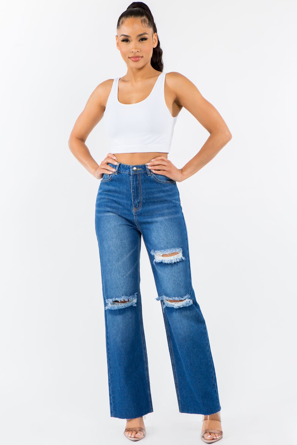 American Bazi High Waist Distressed Wide Leg Jeans - TayDiane