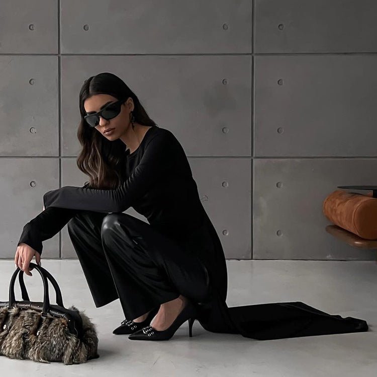 Asymmetric Dress Featuring A Round Neck And Long Sleeves. - TayDiane