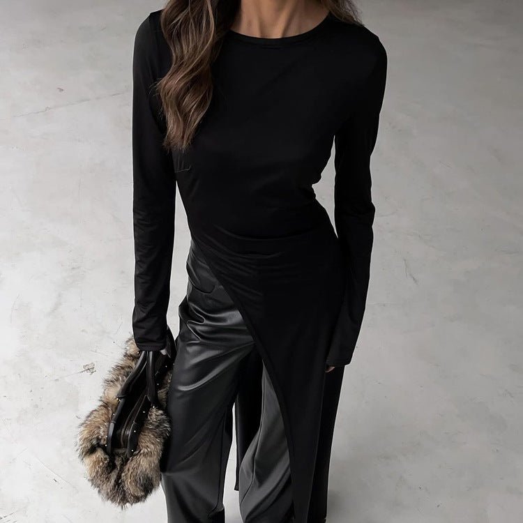 Asymmetric Dress Featuring A Round Neck And Long Sleeves. - TayDiane