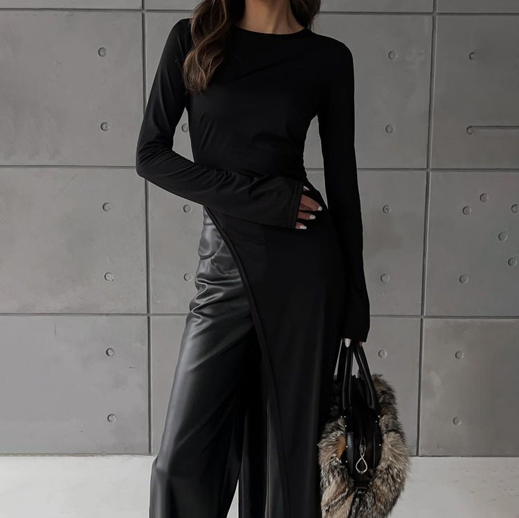 Asymmetric Dress Featuring A Round Neck And Long Sleeves. - TayDiane
