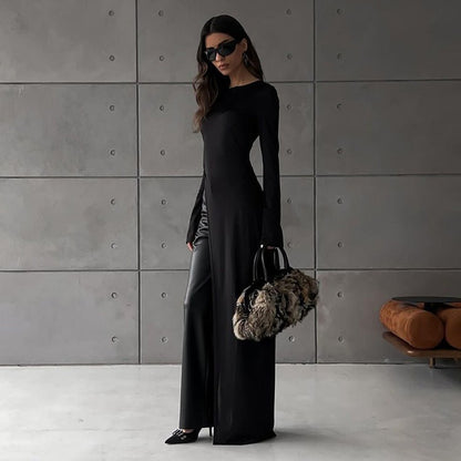 Asymmetric Dress Featuring A Round Neck And Long Sleeves. - TayDiane