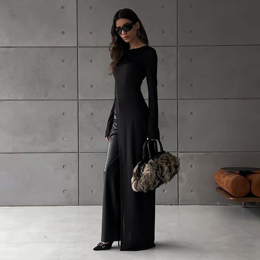 Asymmetric Dress Featuring A Round Neck And Long Sleeves. - TayDiane
