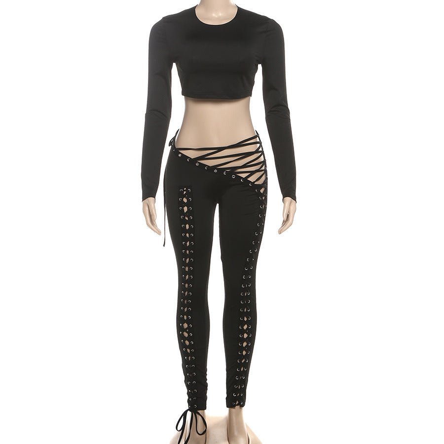 Asymmetrical Cropped Long Sleeve Two - Piece Pants Set - TayDiane