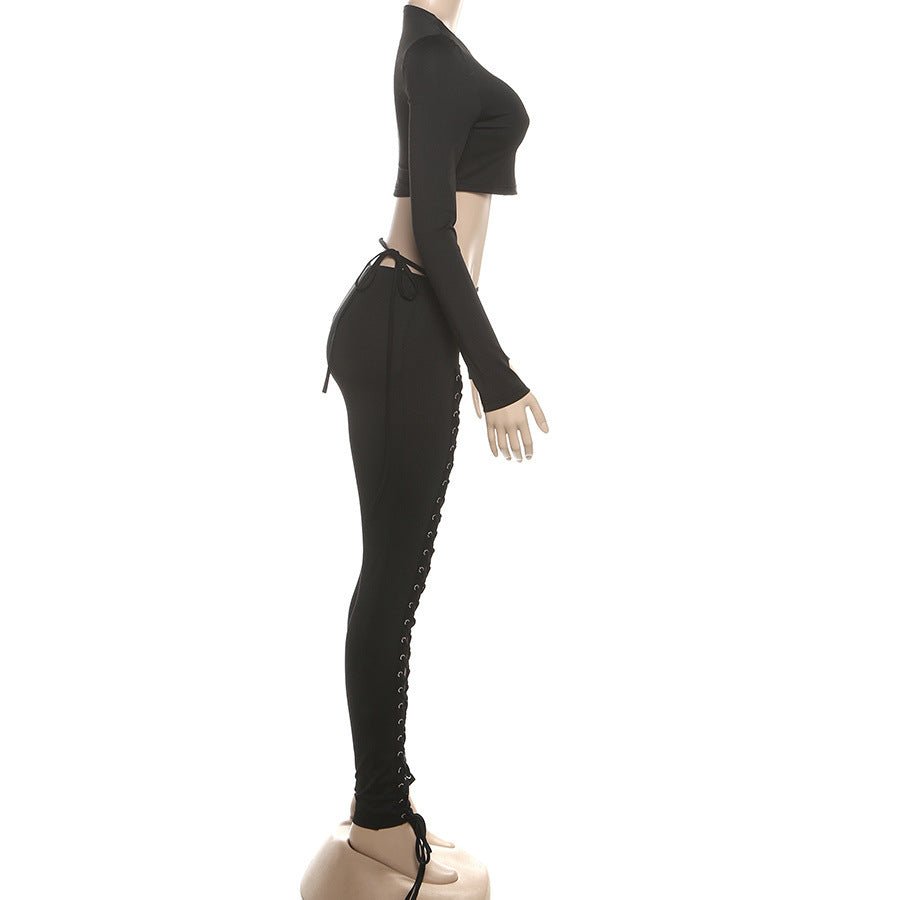 Asymmetrical Cropped Long Sleeve Two - Piece Pants Set - TayDiane