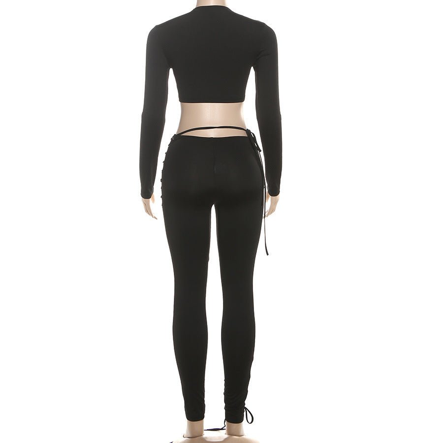 Asymmetrical Cropped Long Sleeve Two - Piece Pants Set - TayDiane