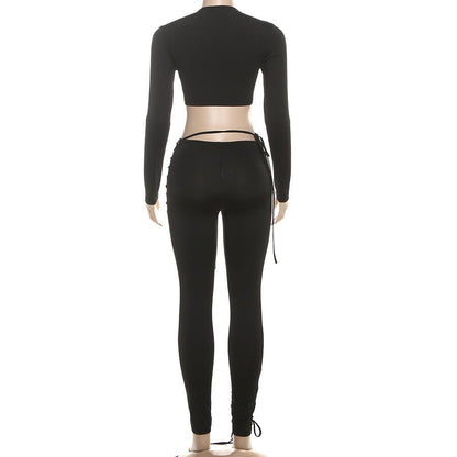 Asymmetrical Cropped Long Sleeve Two - Piece Pants Set - TayDiane