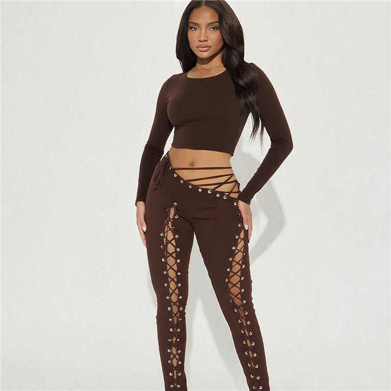 Asymmetrical Cropped Long Sleeve Two - Piece Pants Set - TayDiane