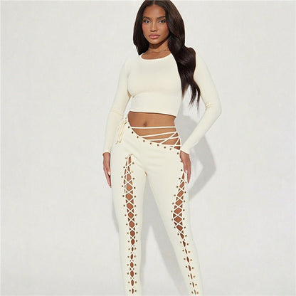 Asymmetrical Cropped Long Sleeve Two - Piece Pants Set - TayDiane