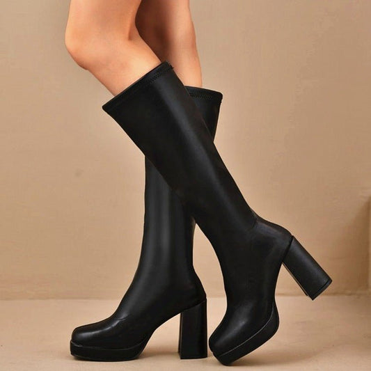 Autumn Leather Knee - High Chunky Heel Boots - TayDiane