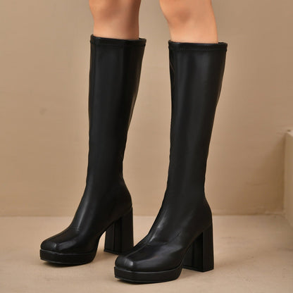 Autumn Leather Knee - High Chunky Heel Boots - TayDiane