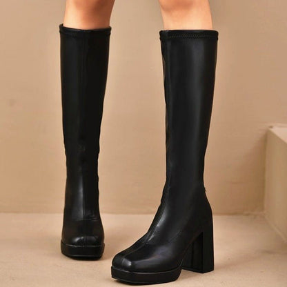Autumn Leather Knee - High Chunky Heel Boots - TayDiane