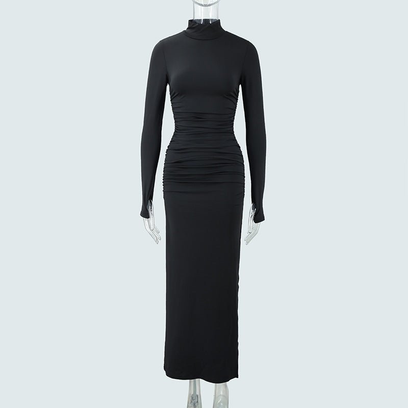 Autumn Long Sleeve Pleated Dress with Sexy Slit at the Hip - TayDiane