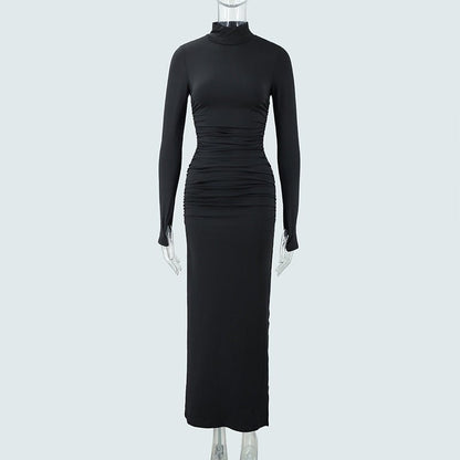 Autumn Long Sleeve Pleated Dress with Sexy Slit at the Hip - TayDiane